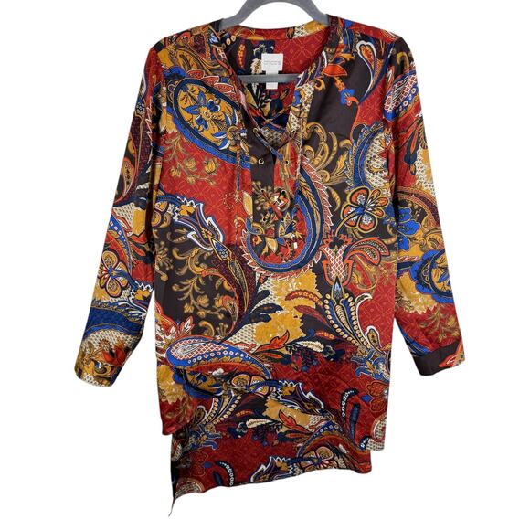 Chico's Colorful Paisley Satin Long Sleeve Asymmetrical Hem Tunic Blouse Size S - Picture 1 of 8